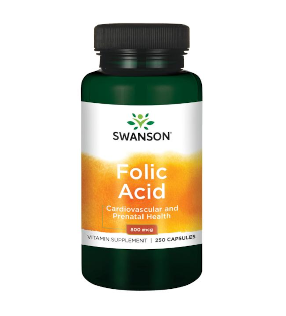 SWANSON Folic Acid 800mcg, 250kaps. - Kwas foliowy