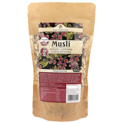 PIĘĆ PRZEMIAN Musli owsiane z czekoladą i czarną porzeczką bezglutenowe 500g