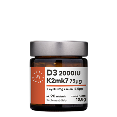 AURA HERBALS Witamina D3 (2000IU) + K2mk7 (75mcg) + Cynk + Selen - tabletki 10,8g (90 tabl.)