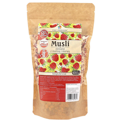 PIĘĆ PRZEMIAN Musli owsiane malina z morwą bezglutenowe 500g