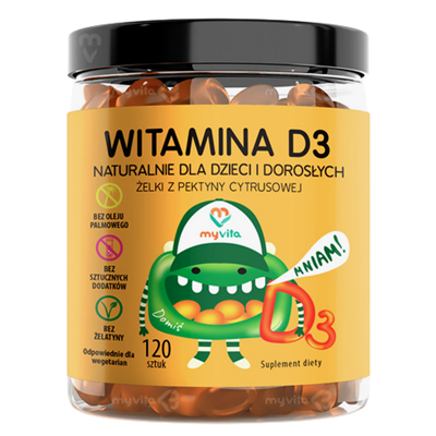 MyVita Żelki Witamina D3 120 sztuk (dzieci i dorośli) - naturalne żelki z pektyny cytrusowej