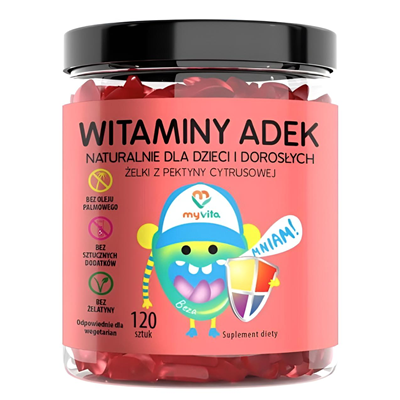 MyVita Żelki Witaminy ADEK 120 sztuk (dzieci i dorośli) - naturalne żelki z pektyny cytrusowej