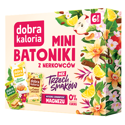 DOBRA KALORIA Mini batoniki z nerkowców mix trzech smaków (6x17g) KUBARA (2 x szarlotka, 2 x babka cytrynowa, 2 x sernik)