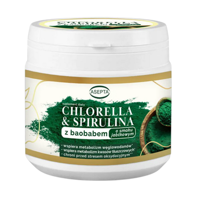 ASEPTA Chlorella & spirulina z baobabem o smaku jabłkowym 150g