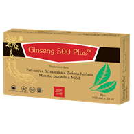 Ginseng 500 PLUS Żeńszeń + Schisandra + Zielona herbata + Mleczko pszczele + Miód 10x10ml (fiolki) GINSENG POLAND