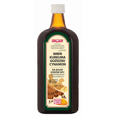IMBIR KURKUMA GOŹDZIKI CYNAMON na bazie soków NFC 500ml POLSKA RÓŻA