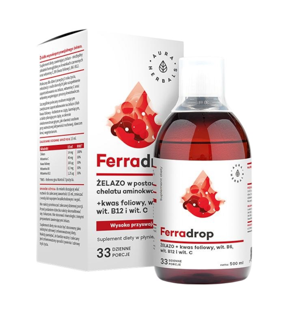 AURA HERBALS FerraDrop w płynie 500ml - żelazo + kwas foliowy