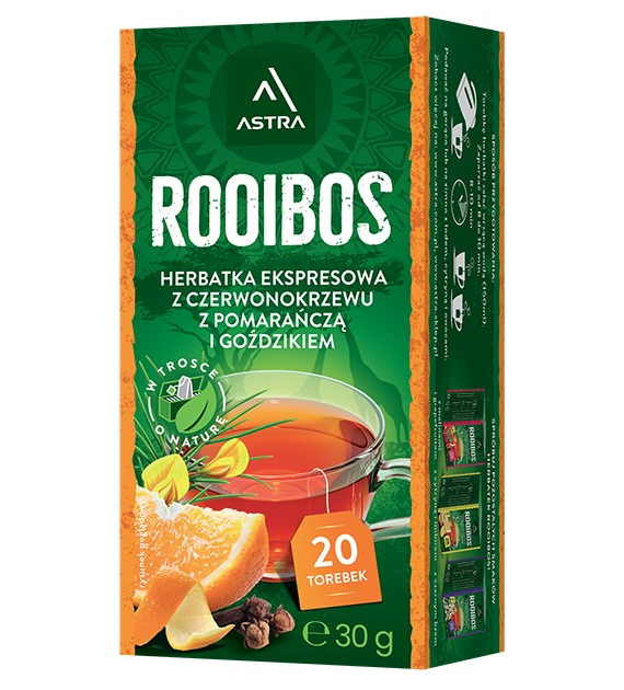 ROOIBOS herbatka z czerwonokrzewu z goździkiem i pomarańczą 20*1,5g ASTRA