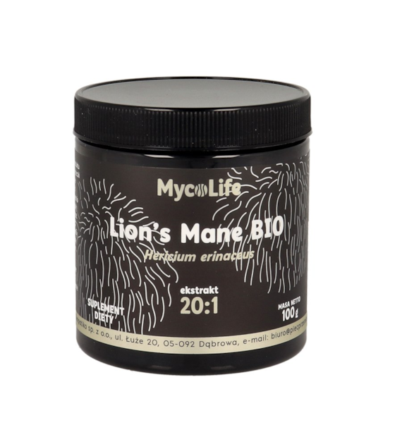 Lion's Mane grzyb BIO ekstrakt 20:1 100g MYCOLIFE - soplówka jeżowata