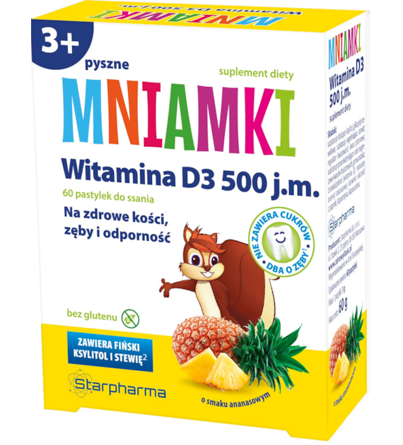 Mniamki Witamina D3 500 j.m., 60 pastylek do ssania o smaku ananasowym STARPHARMA