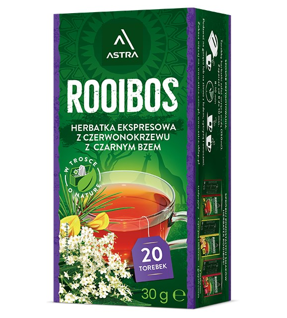 ROOIBOS herbatka z czerwonokrzewu z czarnym bzem 20*1,5g ASTRA