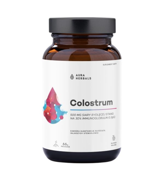 AURA HERBALS Colostrum 500mg słodka malina proszek 66g 30% IgG