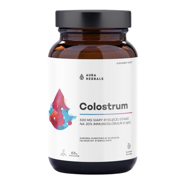 AURA HERBALS Colostrum 500mg słodka malina proszek 66g 30% IgG