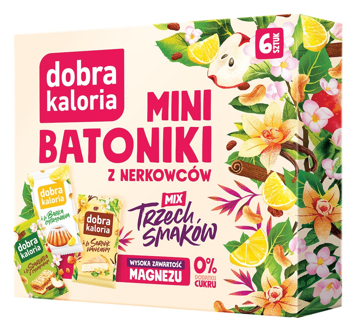 DOBRA KALORIA Mini batoniki z nerkowców mix trzech smaków (6x17g) KUBARA (2 x szarlotka, 2 x babka cytrynowa, 2 x sernik)
