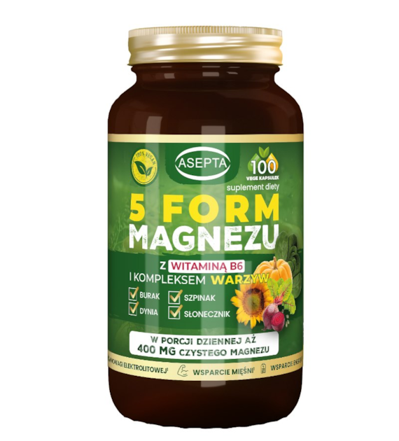 ASEPTA 5 form magnezu + B6 i kompleks warzyw 100 kaps.