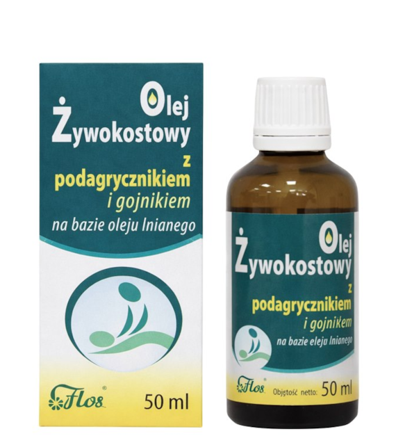 Olej żywokostowy z podagrycznikiem i gojnikiem na bazie oleju lnianego 50ml FLOS