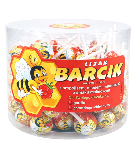 BARTPOL Lizak Barcik z propolisem, miodem i witaminą C o smaku malinowym 60szt. TUBA