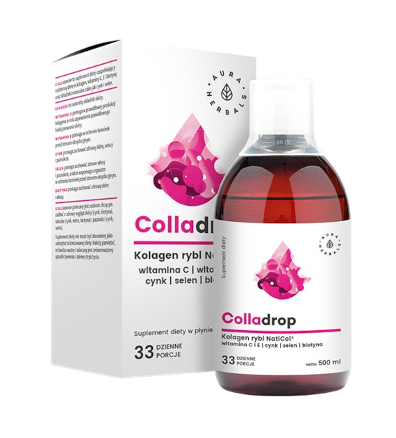AURA HERBALS Colladrop NatiCol w płynie 500ml - Kolagen rybi + Witamina C, E, selen, cynk, biotyna