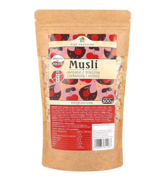 PIĘĆ PRZEMIAN Musli owsiane z wiśnią i mleczną czekoladą bezglutenowe 500g