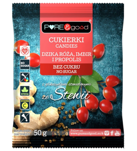 PURE&GOOD Cukierki dzika róża, imbir i propolis ze stewią bez dodatku cukru 50g