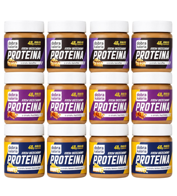 DOBRA KALORIA Krem orzechowy PROTEINA MIX 12 sztuk x 200g (4 x banoffee + 4 x karmel + 4 x lemon cheesecake)