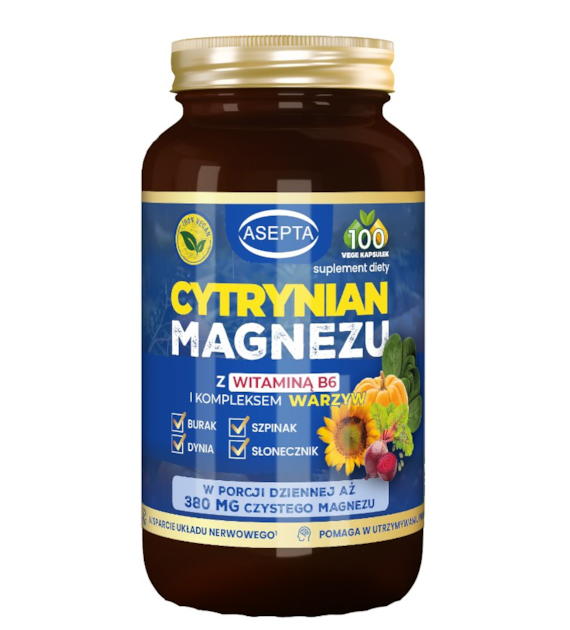 ASEPTA Cytrynian magnezu + B6 i kompleks warzyw 100 kaps.