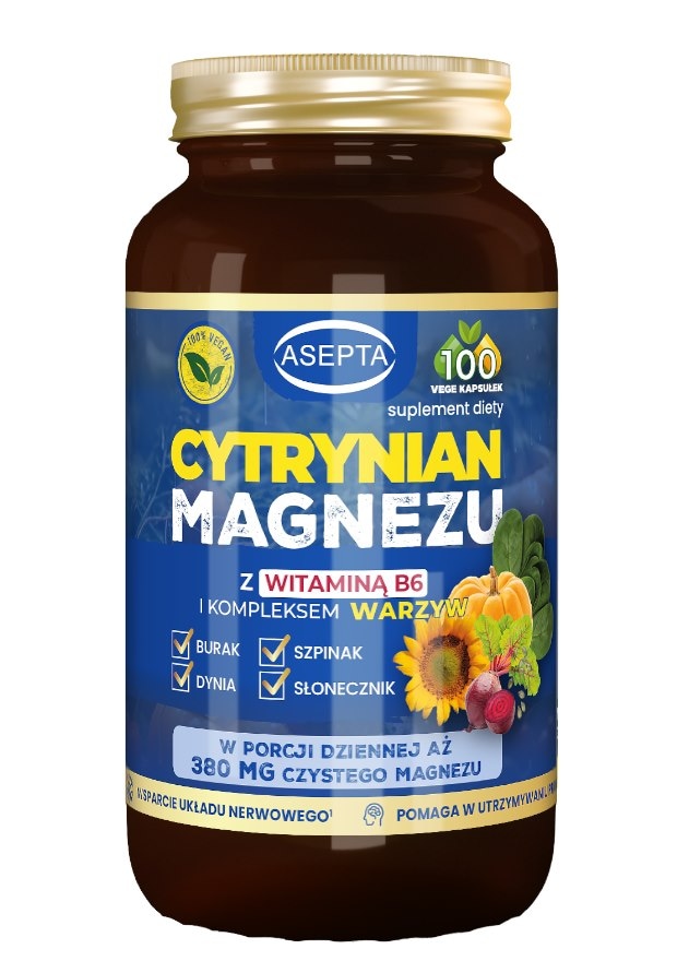 ASEPTA Cytrynian magnezu + B6 i kompleks warzyw 100 kaps.
