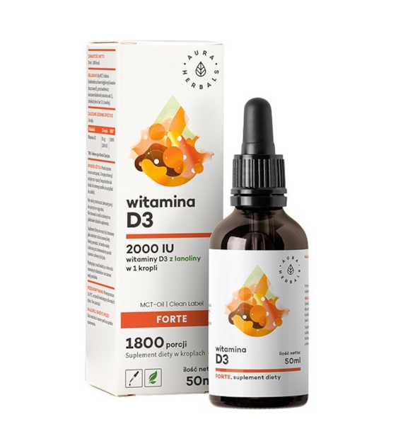 AURA HERBALS Witamina D3 Forte 2000 IU na oleju MCT (1800 porcji) - krople 50ml