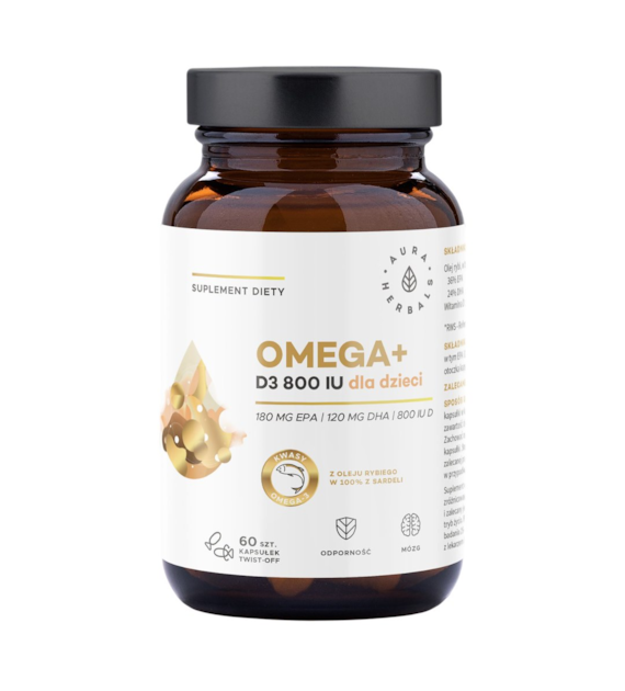 AURA HERBALS Omega+ Witamina D3 800 IU dla dzieci 60 kapsułek twist-off