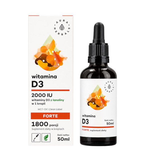 AURA HERBALS Witamina D3 Forte 2000 IU na oleju MCT (1800 porcji) - krople 50ml