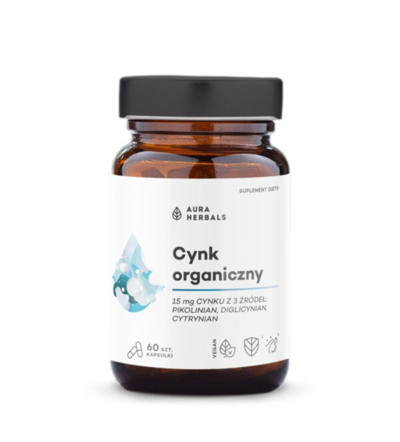 AURA HERBALS Cynk organiczny 15mg 60 kaps. - 3 formy: pikolinian, diglicynian, cytrynian