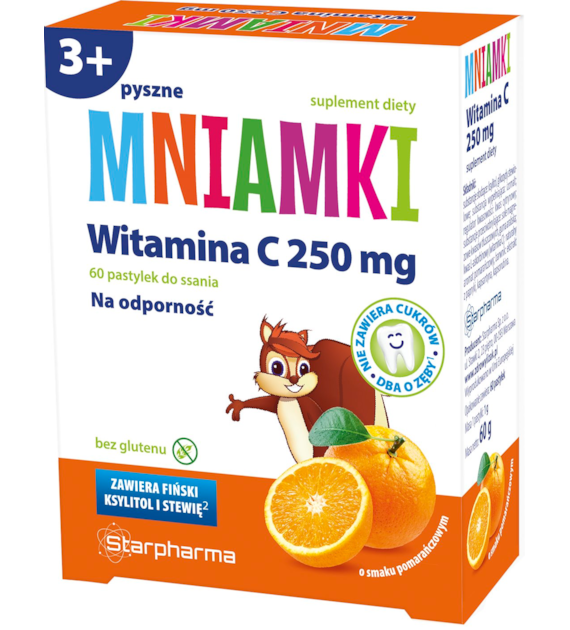 Mniamki Witamina C 250mg, 60 pastylek do ssania o smaku pomarańczowym STARPHARMA