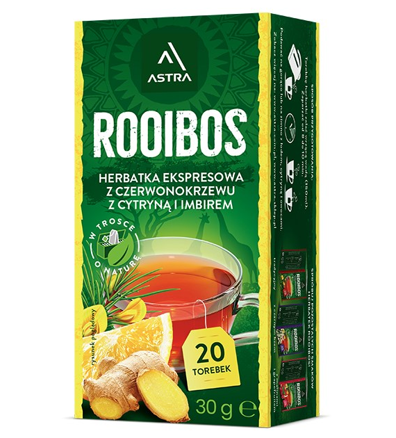 ROOIBOS herbatka z czerwonokrzewu z cytryną i imbirem 20*1,5g ASTRA