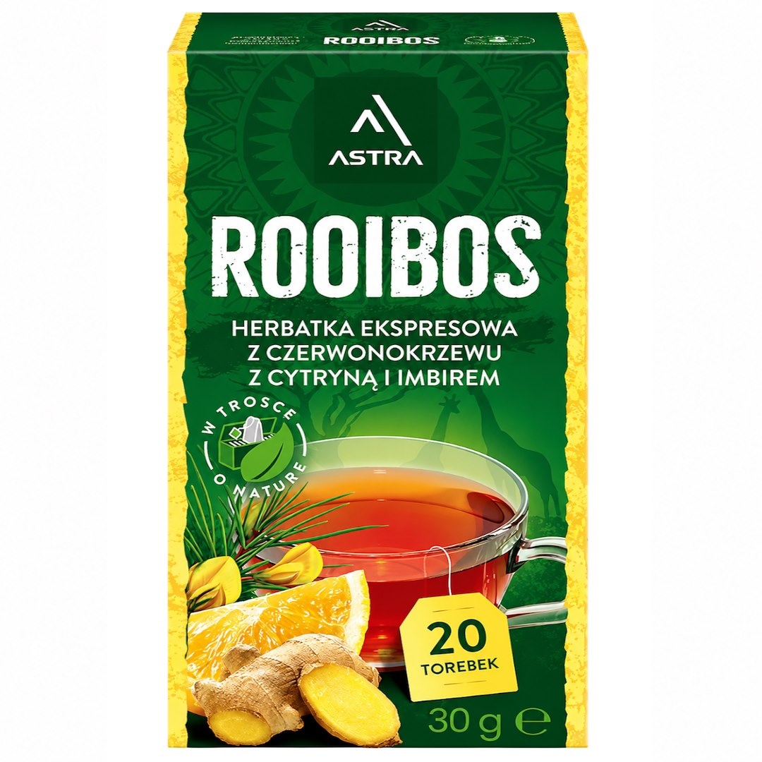 ROOIBOS herbatka z czerwonokrzewu z cytryną i imbirem 20*1,5g ASTRA