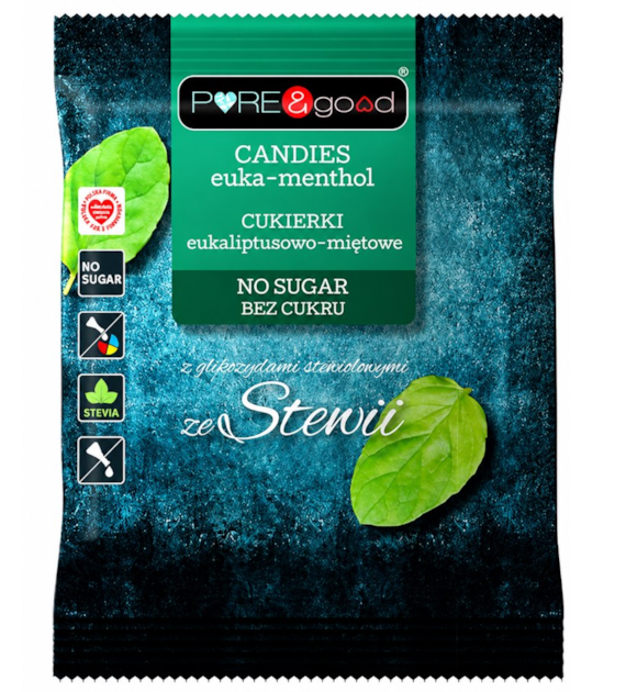 PURE&GOOD Cukierki eukaliptusowo-miętowe ze stewią bez dodatku cukru 50g