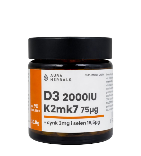 AURA HERBALS Witamina D3 (2000IU) + K2mk7 (75mcg) + Cynk + Selen - tabletki 10,8g (90 tabl.)