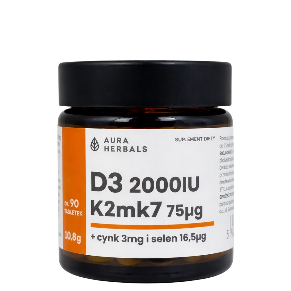 AURA HERBALS Witamina D3 (2000IU) + K2mk7 (75mcg) + Cynk + Selen - tabletki 10,8g (90 tabl.)