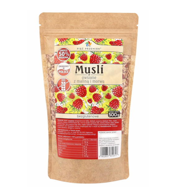 PIĘĆ PRZEMIAN Musli owsiane malina z morwą bezglutenowe 500g