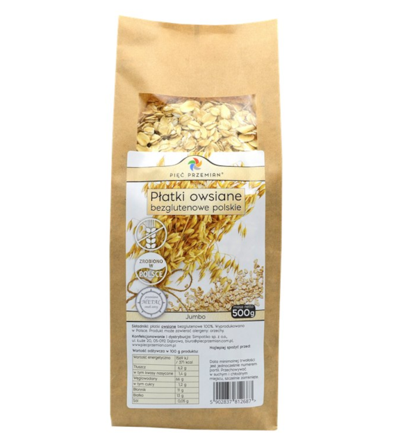 PIĘĆ PRZEMIAN Płatki owsiane bezglutenowe POLSKIE jumbo 500g