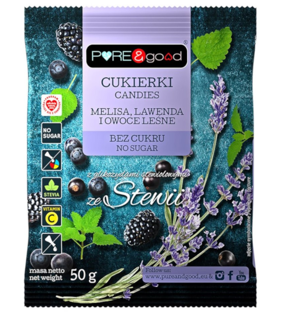 PURE&GOOD Cukierki melisa, lawenda i owoce leśne ze stewią bez dodatku cukru 50g