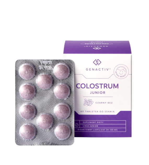 GENACTIV Colostrum Junior czarny bez 100mg 60 tabletek do ssania - bioaktywny liofilizat 2h