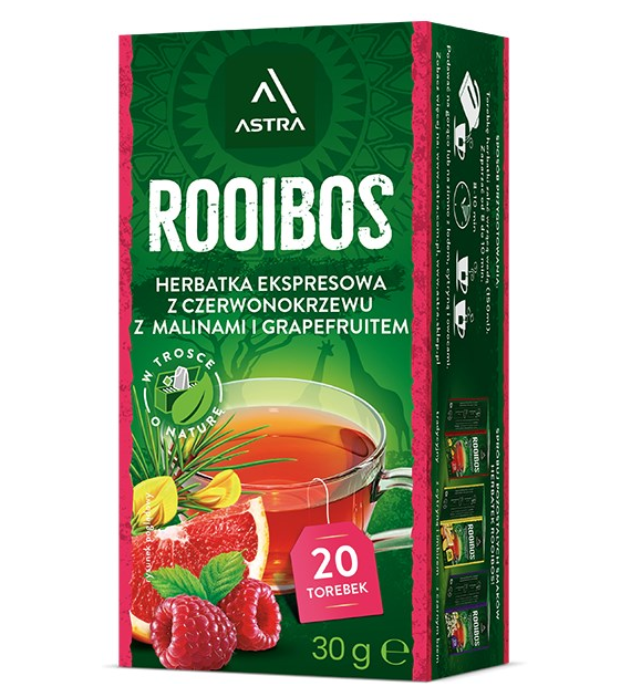 ROOIBOS herbatka z czerwonokrzewu z malinami i grapefruitem 20*1,5g ASTRA