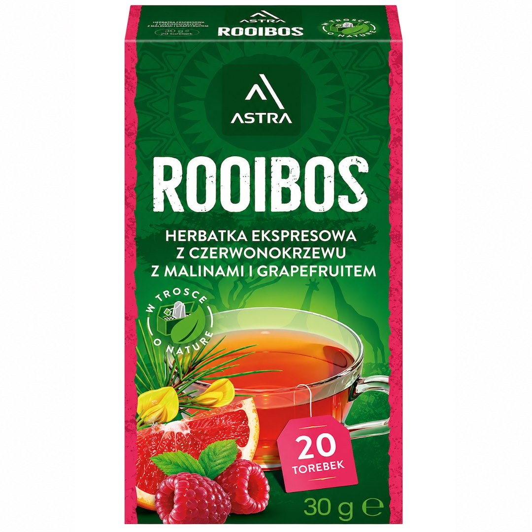 ROOIBOS herbatka z czerwonokrzewu z malinami i grapefruitem 20*1,5g ASTRA