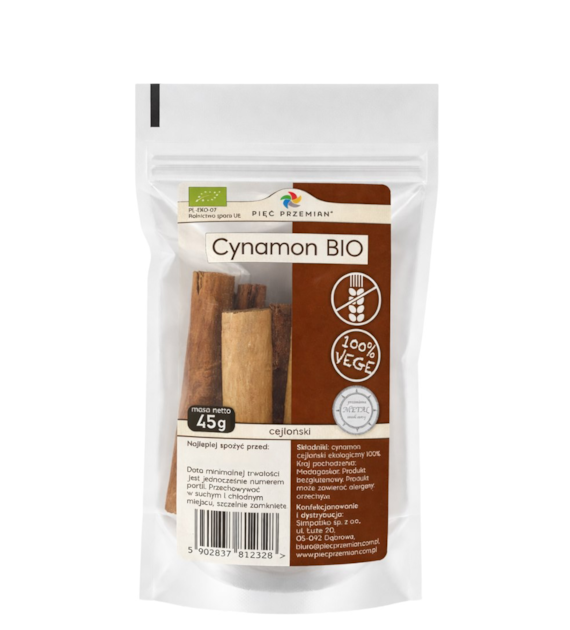 PIĘĆ PRZEMIAN Cynamon cejloński bezglutenowy BIO w laskach 45g