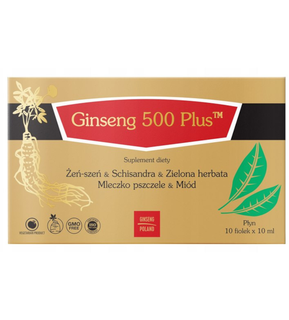 Ginseng 500 PLUS Żeńszeń + Schisandra + Zielona herbata + Mleczko pszczele + Miód 10x10ml (fiolki) GINSENG POLAND