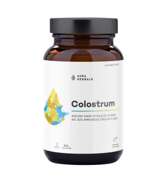 AURA HERBALS Colostrum 500mg kwaśna cytryna proszek 66g 30% IgG