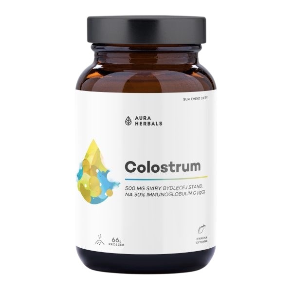 AURA HERBALS Colostrum 500mg kwaśna cytryna proszek 66g 30% IgG