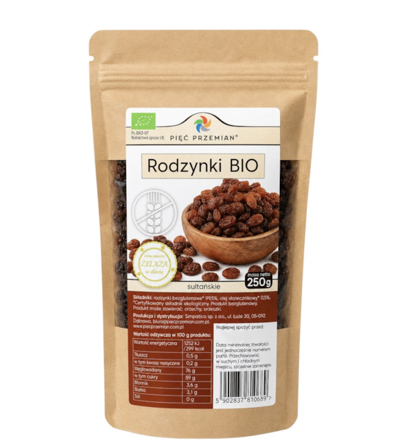 PIĘĆ PRZEMIAN Rodzynki sułtańskie bezglutenowe BIO 250g