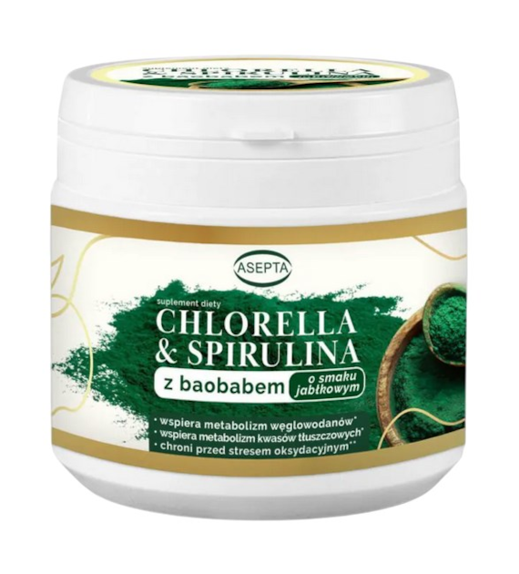 ASEPTA Chlorella & spirulina z baobabem o smaku jabłkowym 150g
