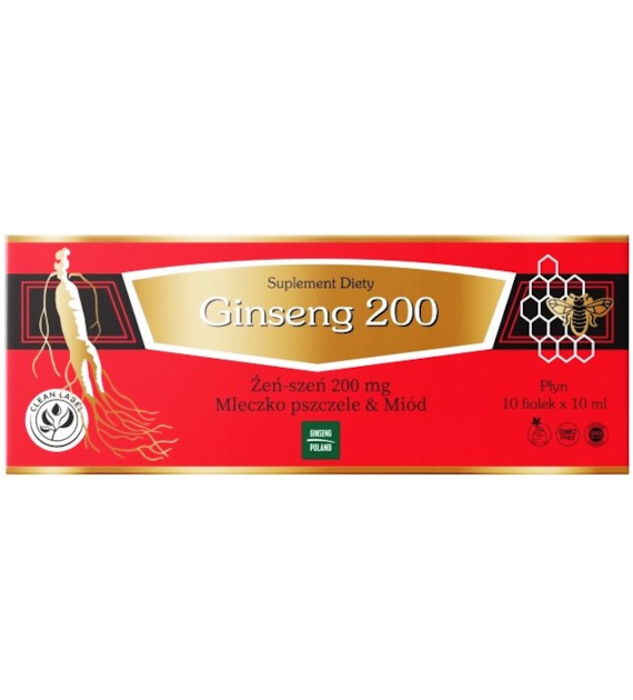 Ginseng 200 żeńszeń + mleczko pszczele+ miód 10x10ml fiolki GINSENG POLAND